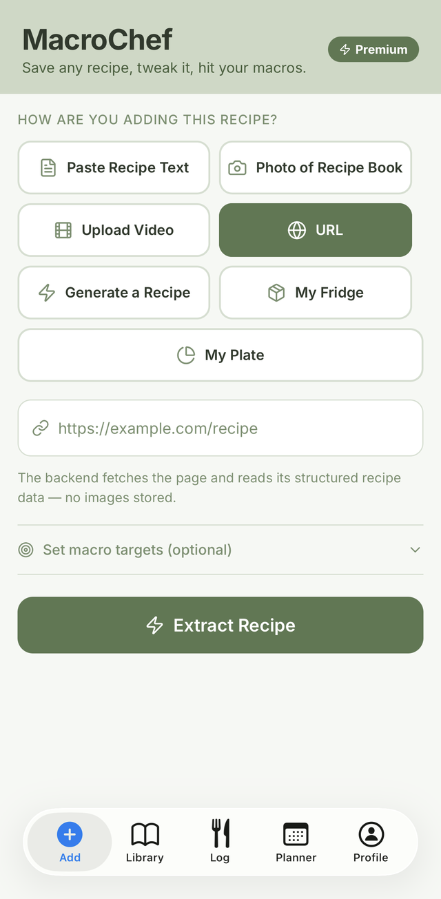 MacroChef add a recipe screen